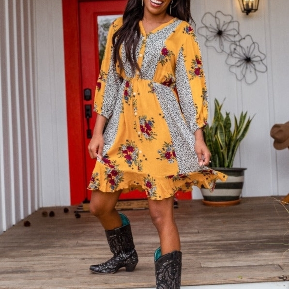Boho Chic Mustard Floral and Leopard Patchwork 3/4 Sleeve Dress